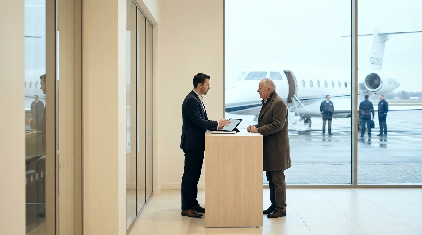 Advisor and client in conversation at an FBO with a private jet visible through the window