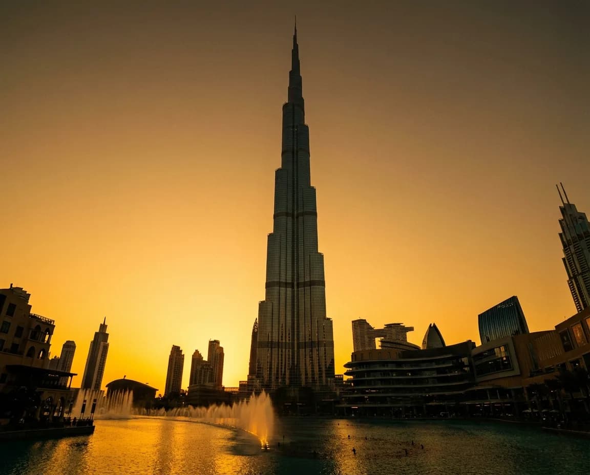 The Burj Khalifa and Downtown Dubai at sunset