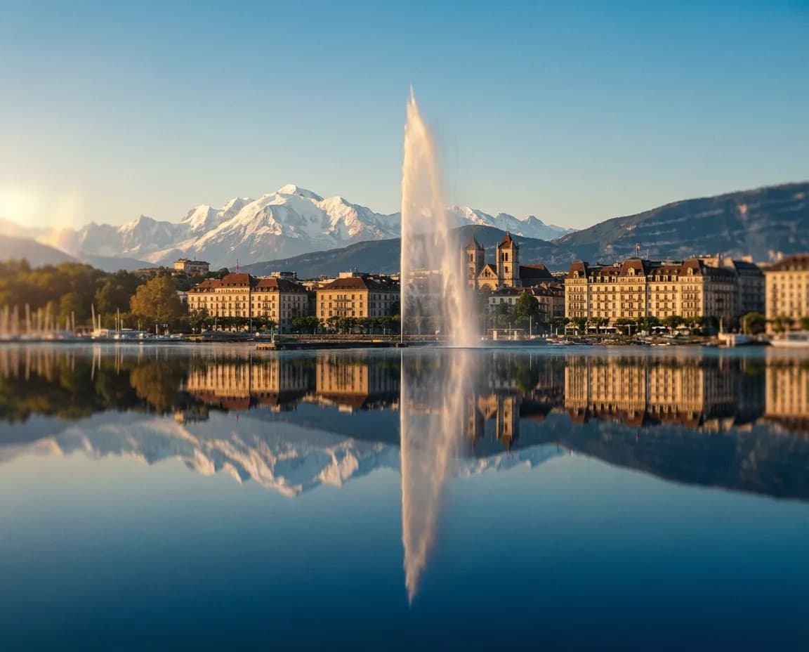 Lake Geneva with the Jet d'Eau and the Alps in the background