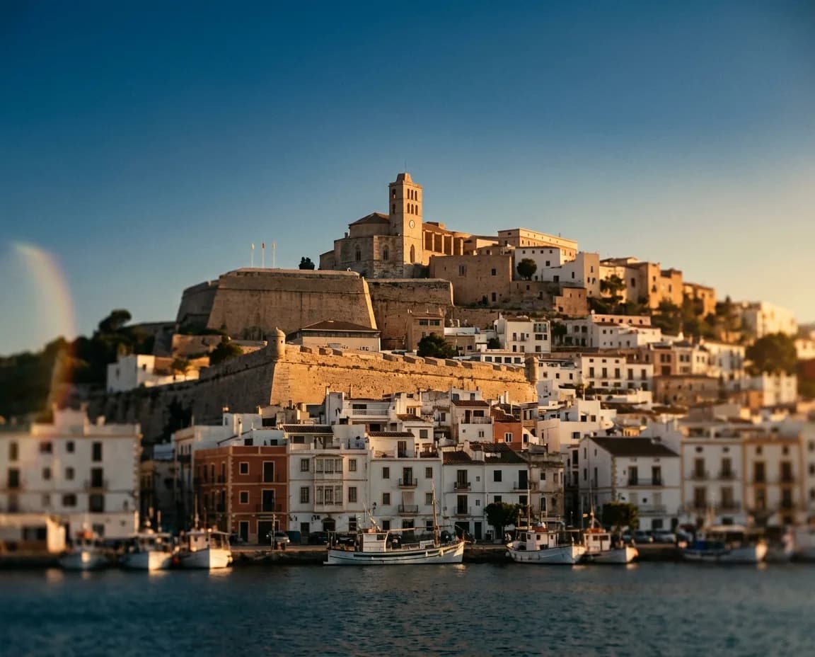 Ibiza Old Town and the marina in warm late-afternoon light