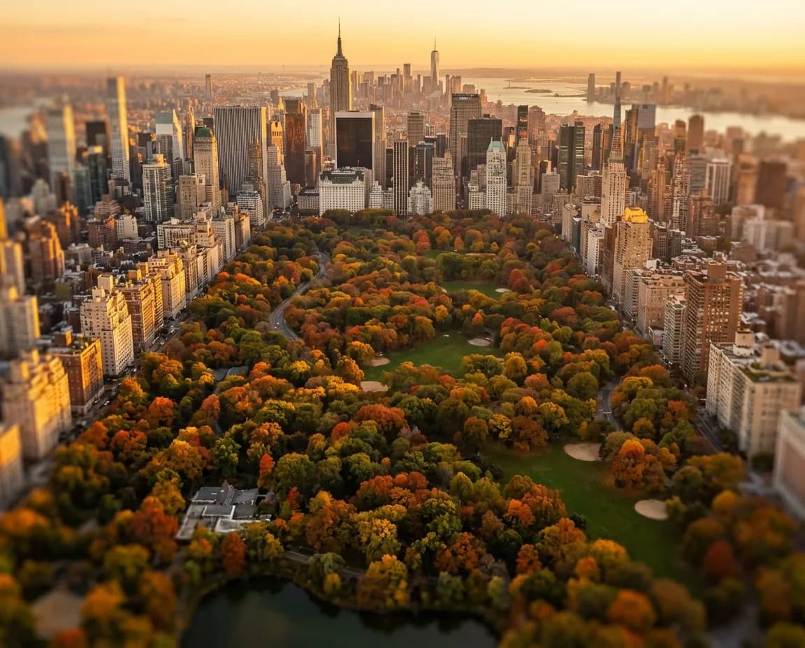 Central Park and the Manhattan skyline in warm evening light