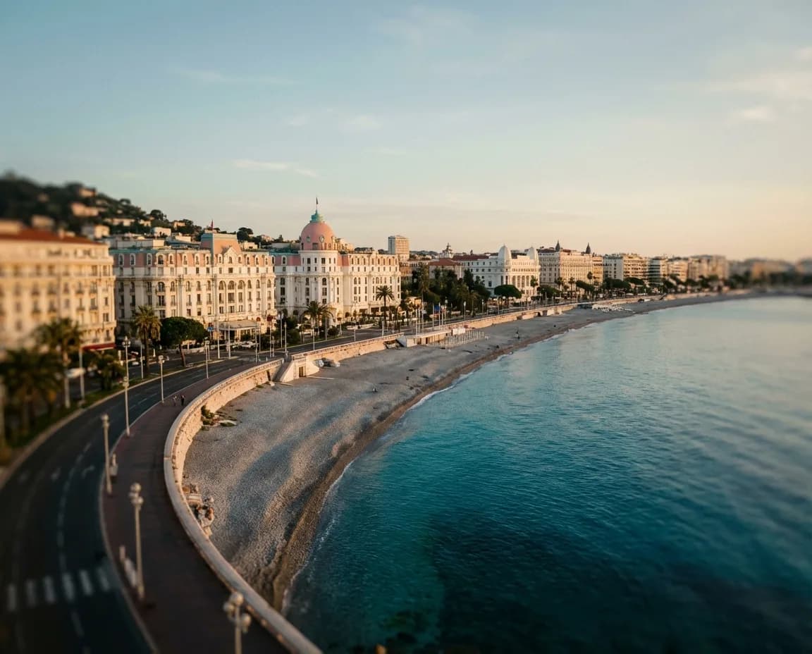 The Nice waterfront and Promenade des Anglais at golden hour