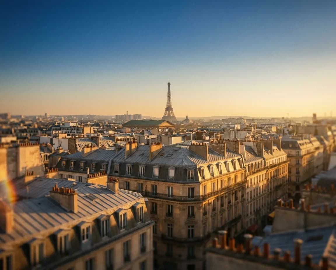 Paris rooftops with the Eiffel Tower in warm evening light